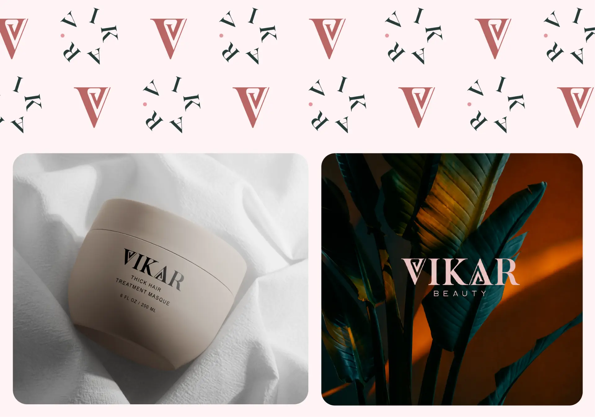 Vikar Beauty pattern, hair treatment masque packaging and logo on foliage