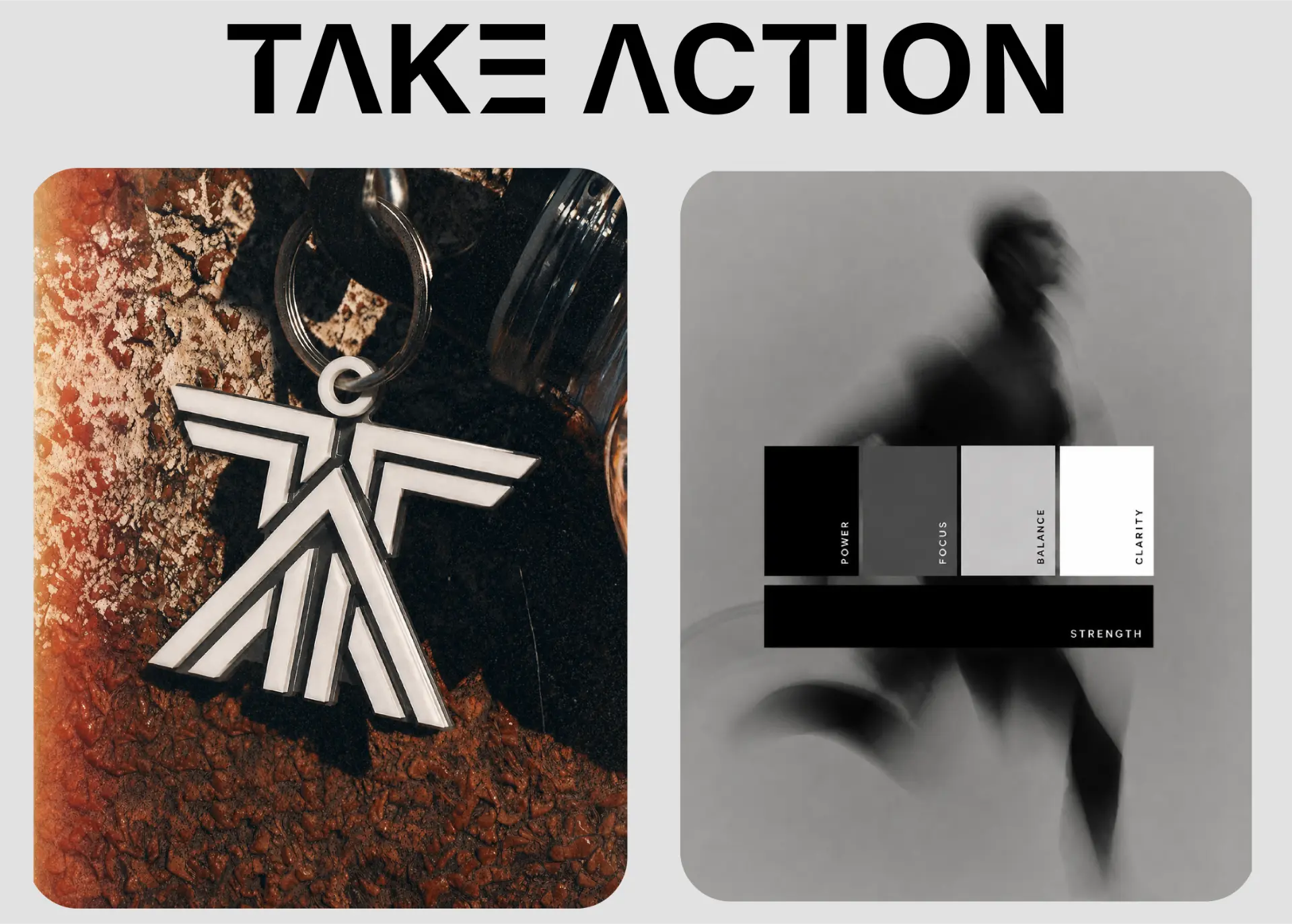 Take Action wordmark, metal keychain and colour palette