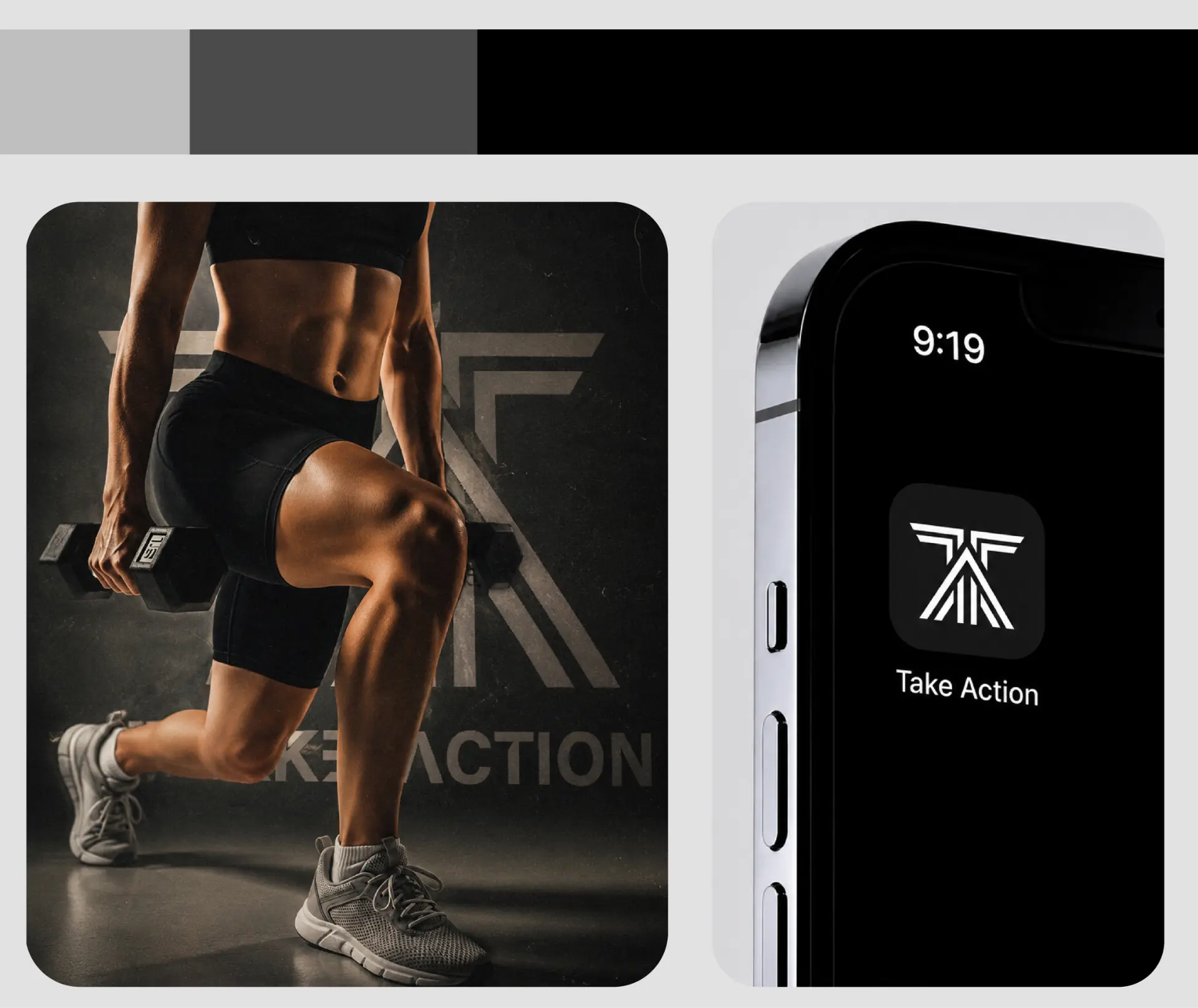 Take Action colour bar, gym poster and app icon mockup