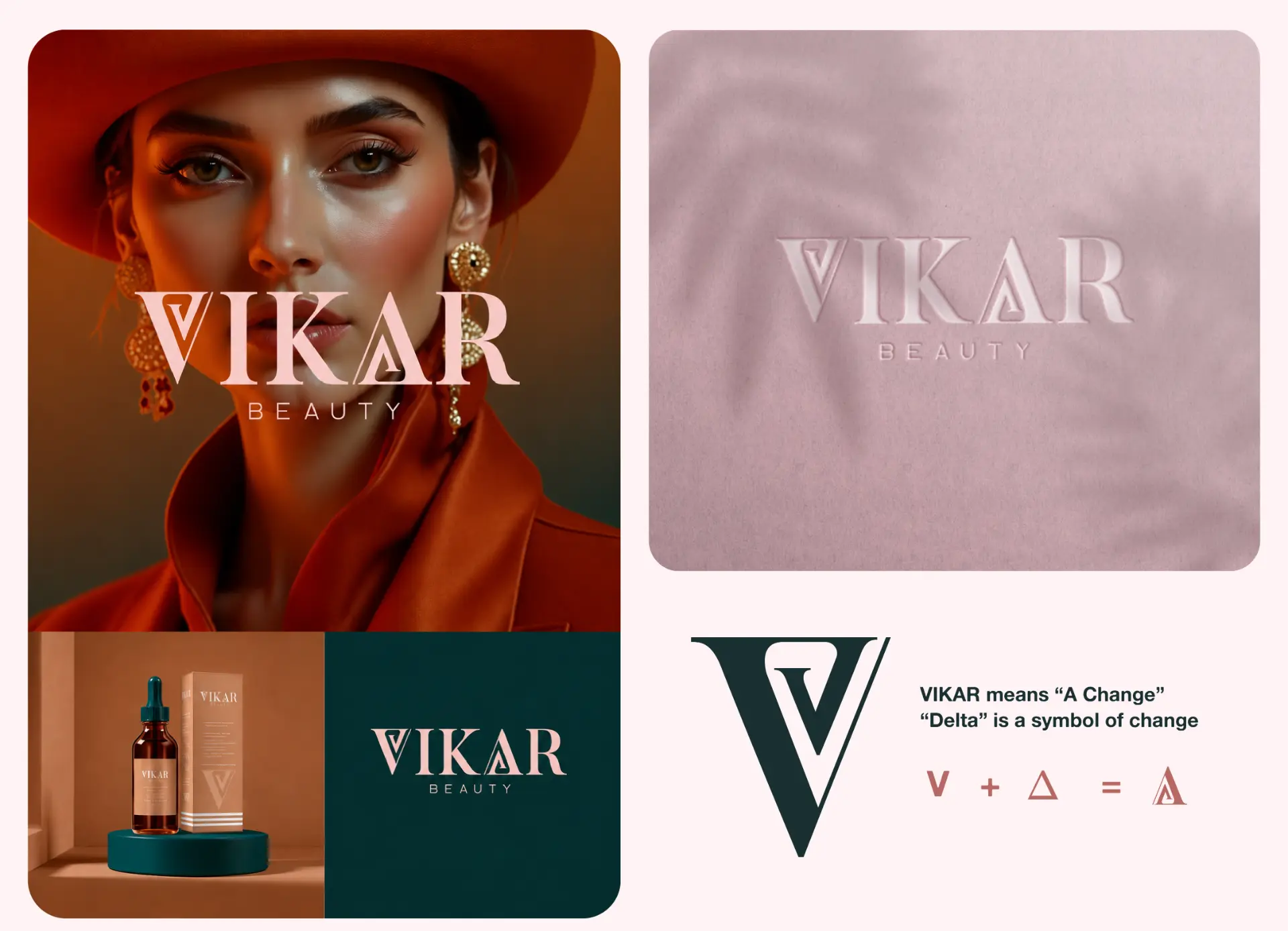 Vikar Beauty logo on editorial portrait, embossed card and V delta monogram meaning