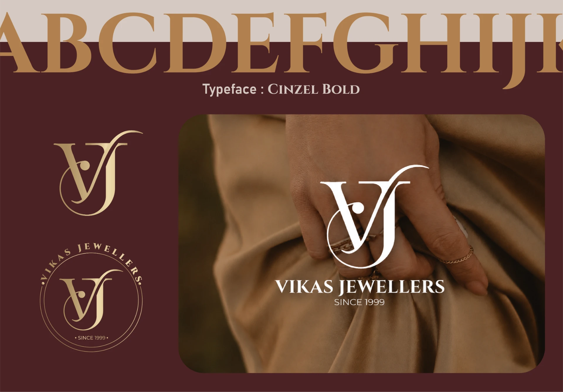 Vikas Jewellers typeface Cinzel Bold, monogram and badge lockup