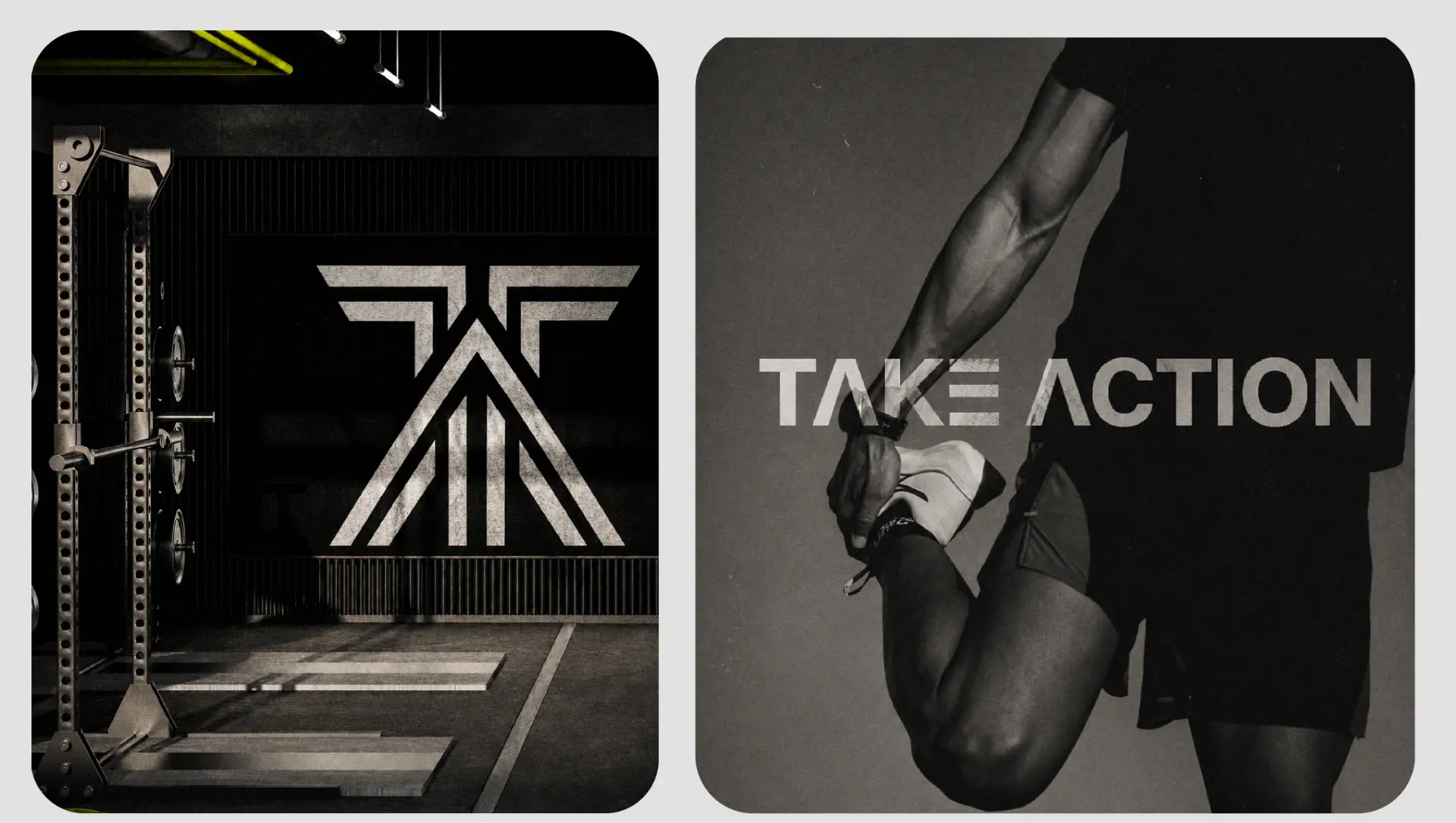 Take Action monogram on gym wall and wordmark on athlete