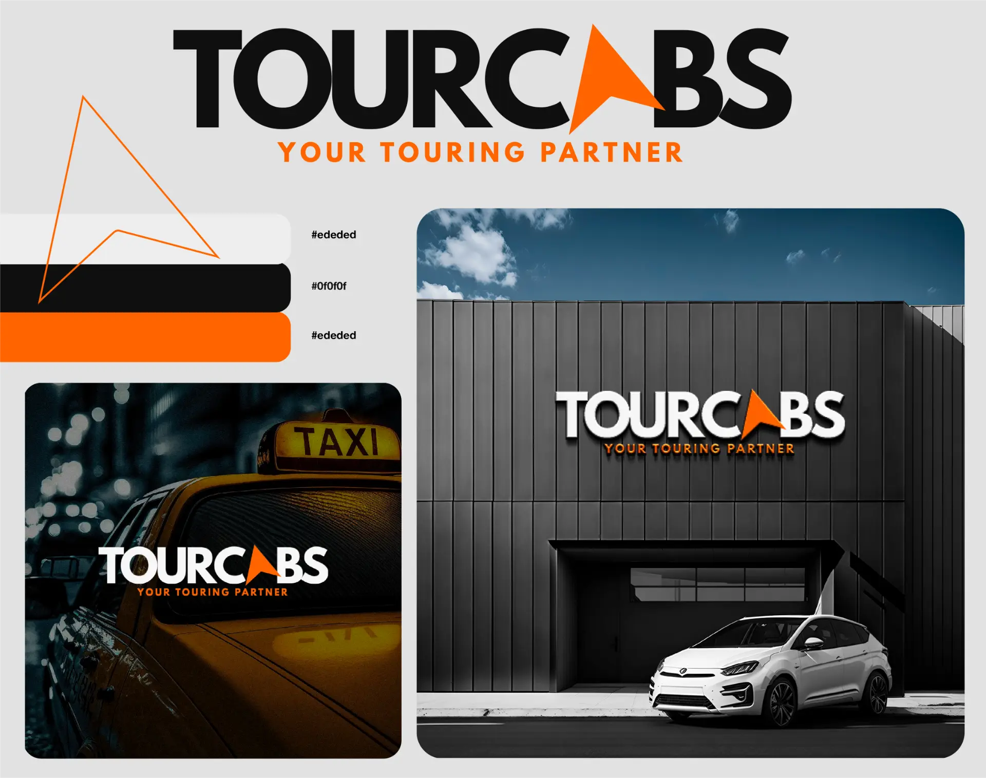 Tourcabs wordmark, colour palette, taxi and building signage
