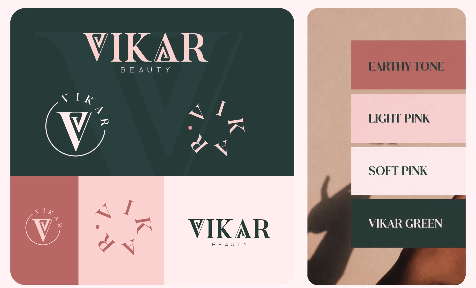 Vikar Beauty logo variations and colour palette: earthy tone, light pink, soft pink, Vikar green